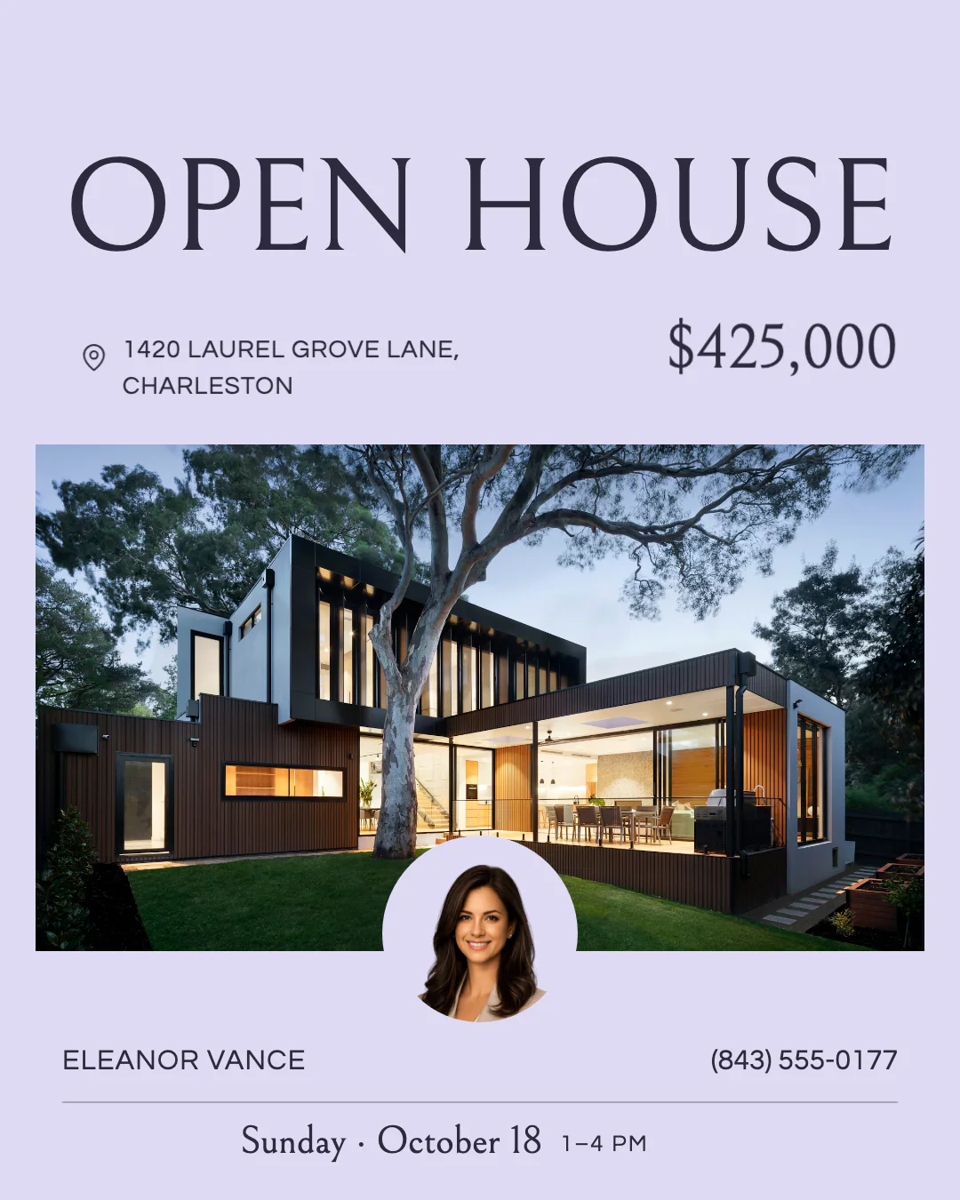 Thistle Gauze open-house invitation with the date, time, address, price and agent photo