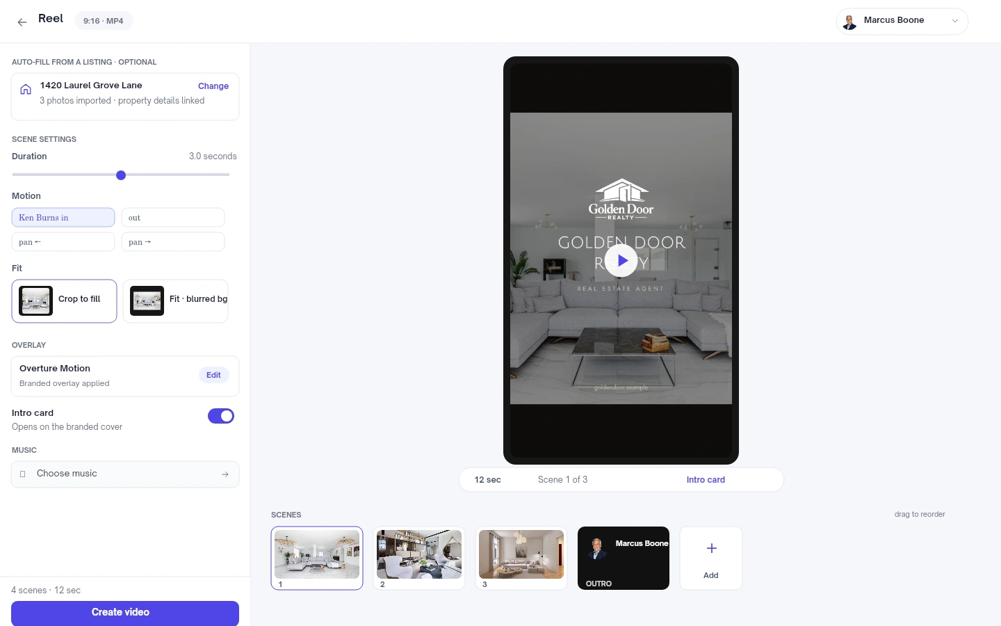 Overture video editor with sample property photos