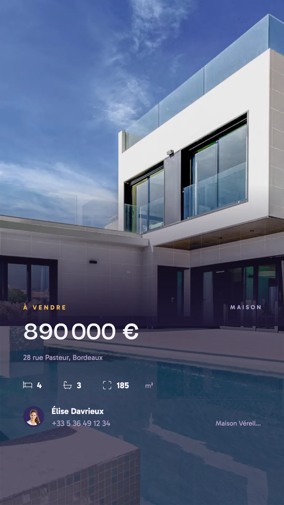 Couverture verticale de la vidéo immobilière Nocturne Motion avec une image de marque d’exemple pour le bien et l’agent