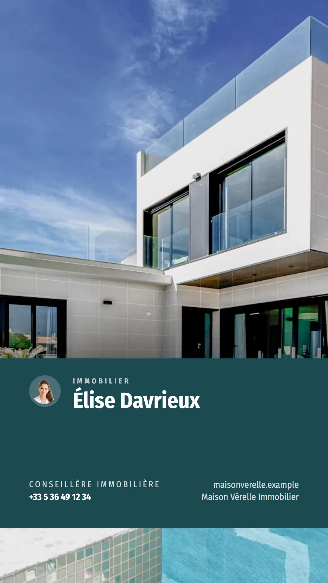 Couverture verticale de la vidéo immobilière Signature Motion avec des informations d’exemple sur l’agent et le bien