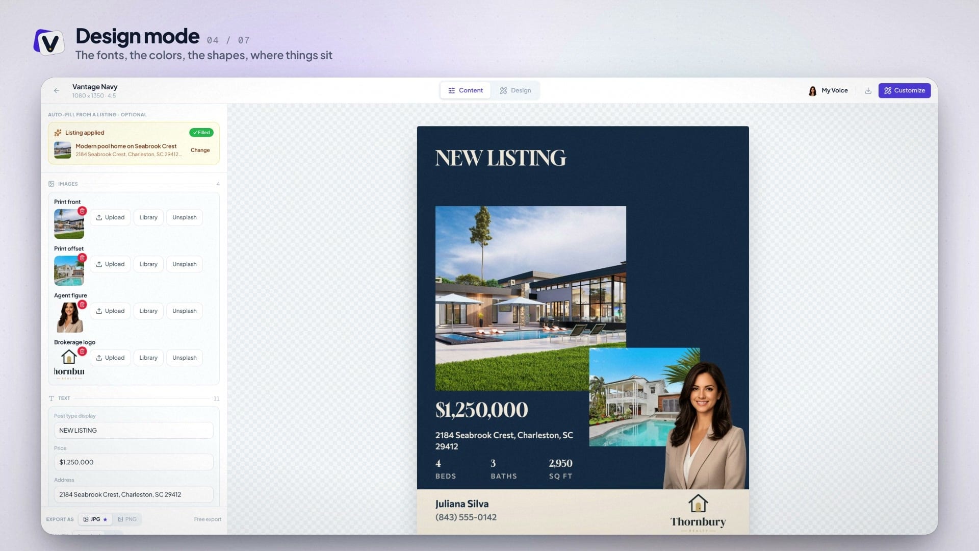 Editor di design di Velisto con un modello Nuovo annuncio compilato con i dati di un annuncio