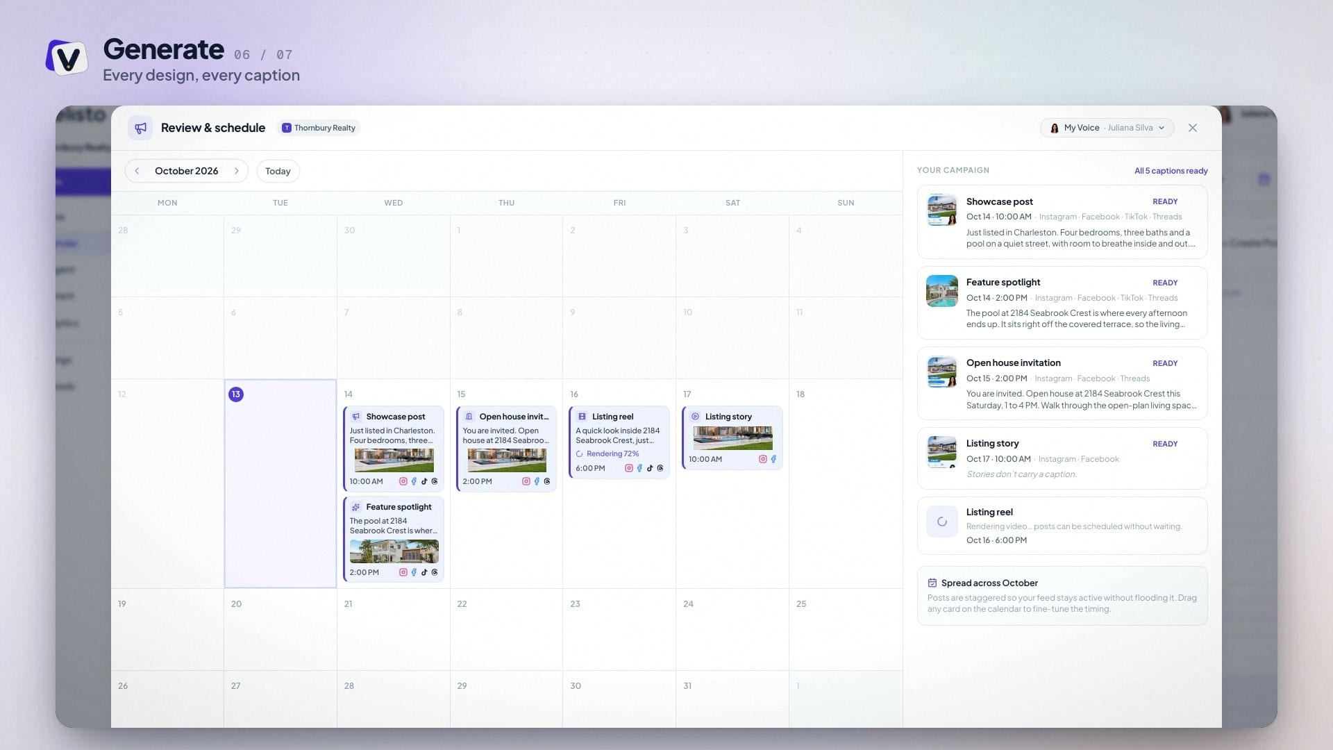 Velisto listing campaign with five posts placed on the calendar and their captions ready to review
