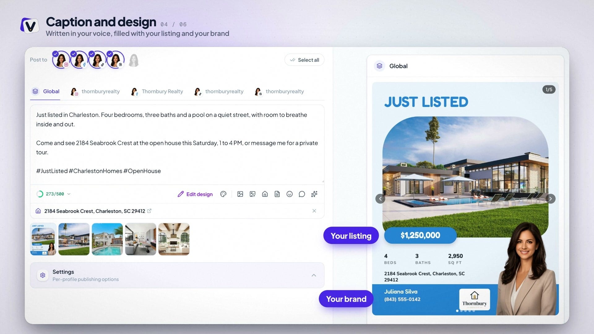 Éditeur de publication de Velisto avec la légende d’une annonce, les photos du bien et un design « Nouveauté » rempli avec les informations de l’annonce et de la marque