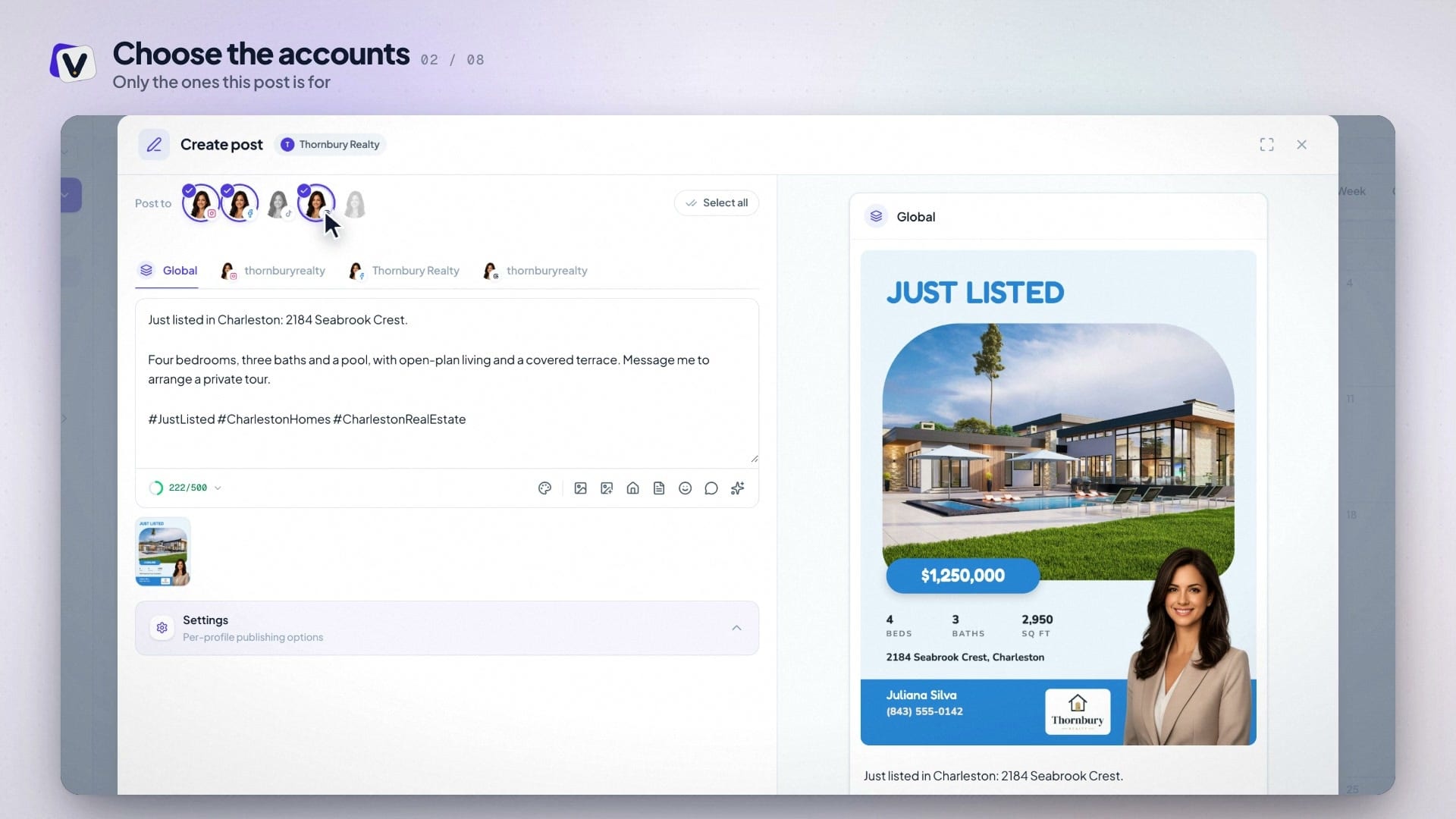 Editor dei post di Velisto con tre account selezionati, la didascalia e l’anteprima del post