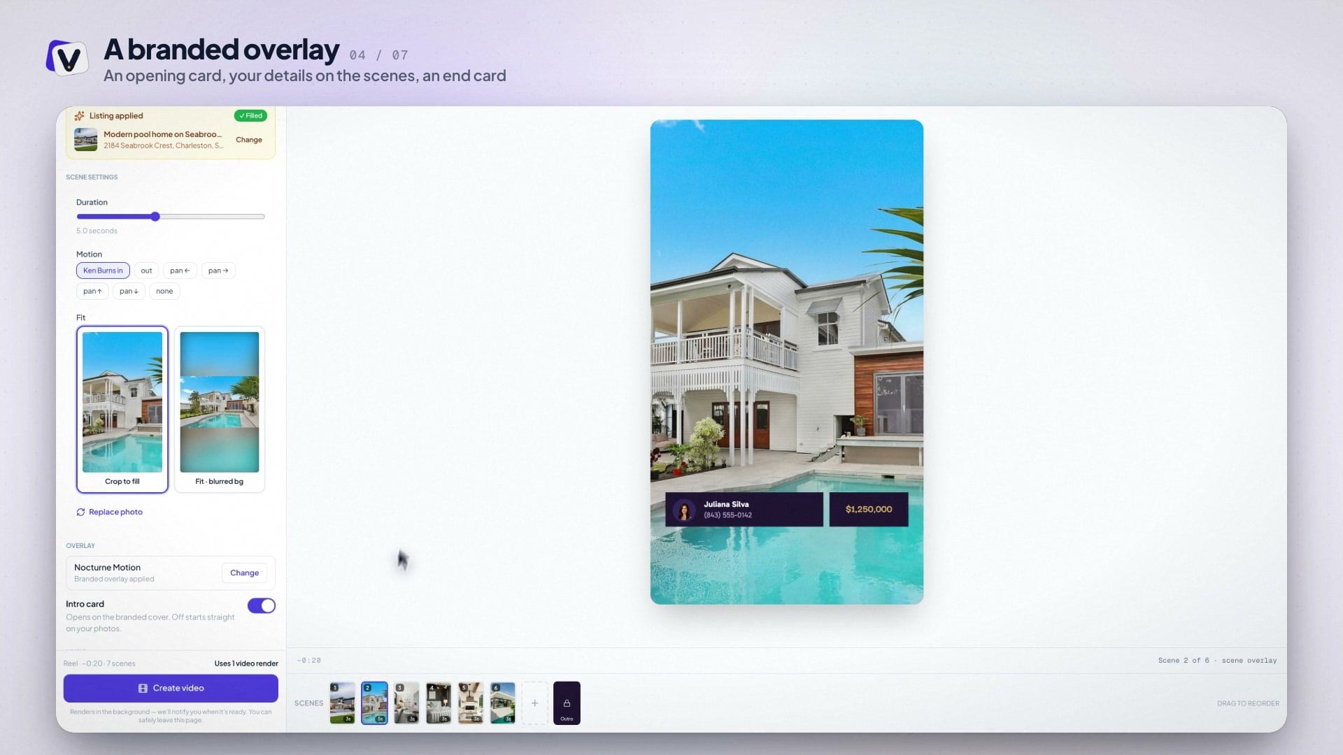 Editor video di Velisto con un reel verticale, le scene con le foto e un overlay con il brand