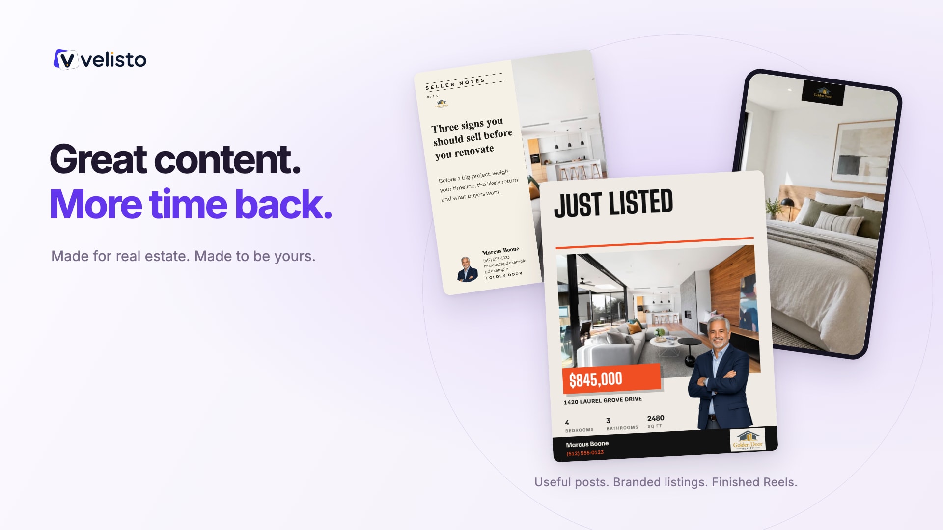 Great content. More time back. Branded listing posts, helpful seller content and a Reel made with Velisto.